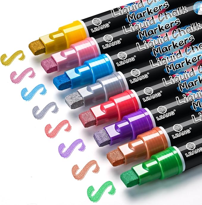 IJIANG Window Chalk Markers Washable, with 10mm Thick Tips for Chalkboard, Windows, Glass, Mirror, Auto, Poster, Bistro, Cars of DIY (10mm Metallic)
