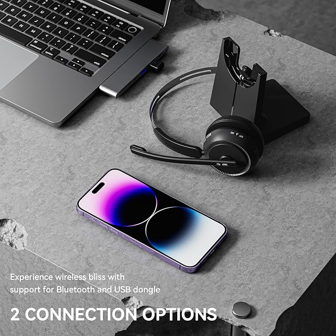 LEVN Wireless Headset 5.2 for Call Center, Bluetooth Headphones with Mic for Work(Noise Cancelling), 65 Hours Woktime & Mute Button,Wireless Headset for Work from Home/Office/PC/Computer/Laptop(Black)