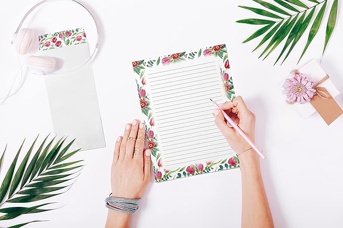 Better Office Products Floral Paper Stationery Set, 100 Piece Set (50 Lined Sheets + 50 Matching Envelopes), Letter Size 8.5 x 11 inch, 6 Designs, Double Sided/Lined Printing Paper,