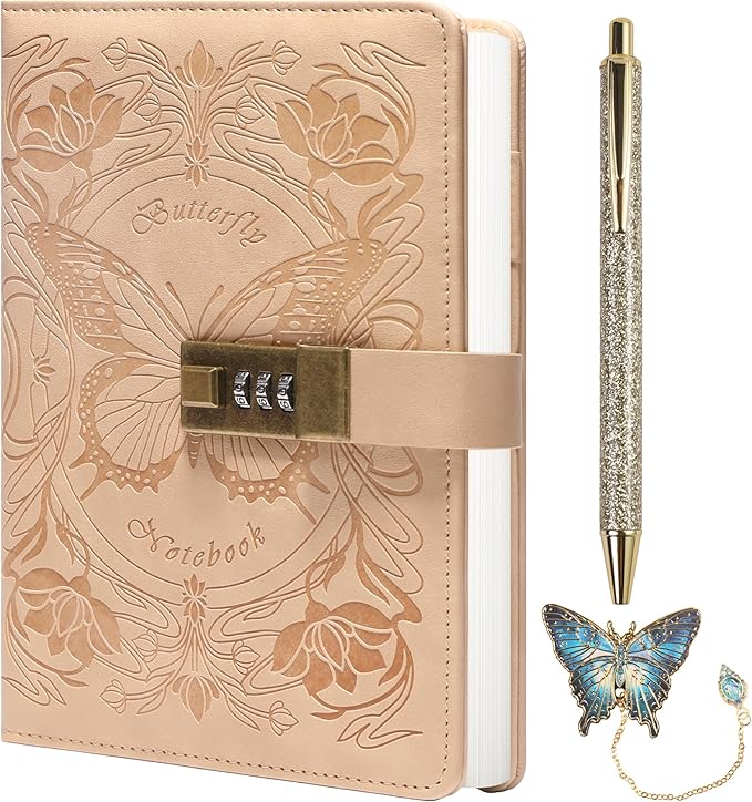 TIEFOSSI Diary with Lock for Women Girls, Lined Locked Journal, Butterfly Journal Notebook with Pen and Bookmark, A5 Refillable Locking Journals for Writing, 224 Numbered Pages