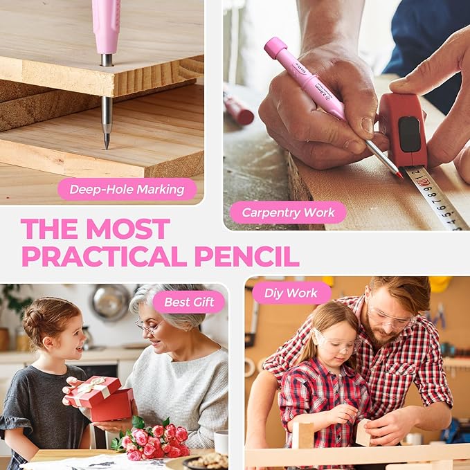 Nicpro CP3000 Carpenter Pencil with Sharpener, Construction Mechanical Pencils with 19 Refills, Heavy Duty Construction Pencil, Pink Woodworking Tools For Women, Great for Marking On Wood, Metal