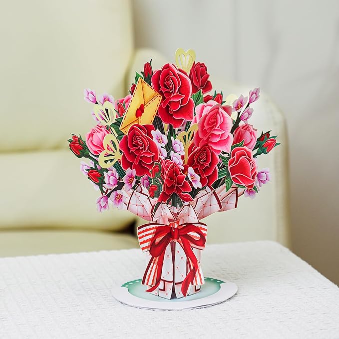 Paper Love 3D Lovely Bouquet Pop Up Flower Bouquet Card, With Detachable Popup Keepsake, Gift for Birthday, All Occasions - Oversized 10" x 7" Cover - Includes Envelope and Note Tag