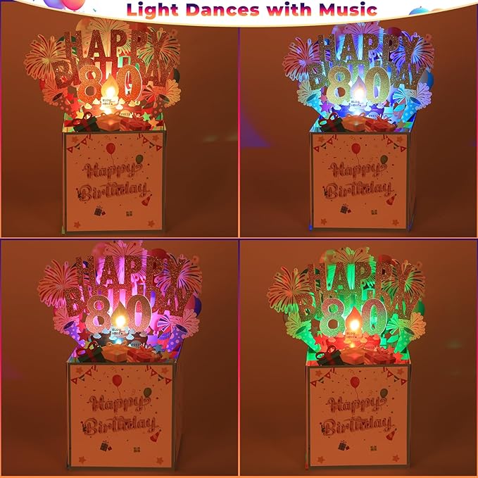Tnvee 80TH Birthday Cards with Lights & Music & Candle, 3D Large Pop Up Happy Birthday Cards for Women Man Greeting Cards Decorations for 80 Years Old Mom Dad Grandparents