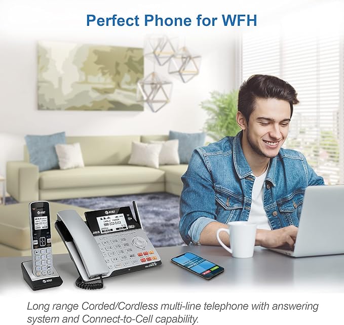 AT&T TL86103 2-Line Corded/Cordless for Small Business with Answering Machine, 2-Mailboxes, Connect-to-Cell, Caller ID Announcer, Intercom, Line-Power, Long Range & Expandable to 12 Handsets