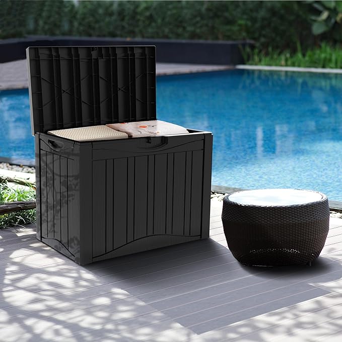 45 Gallon Resin Deck Box, Waterproof Outdoor Storage Bin for Patio, Poolside, and Garden, Lockable & UV-Resistant, Ideal for Small Spaces, Black