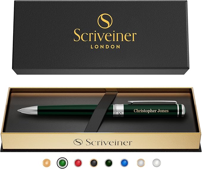 Scriveiner Personalized British Racing Green Pen - Stunning Green Lacquer Luxury Pen with Chrome Finish, Schmidt Ink Refill, Best Engraved Ball Point Gift Set for Men & Women, Custom Name Engraving