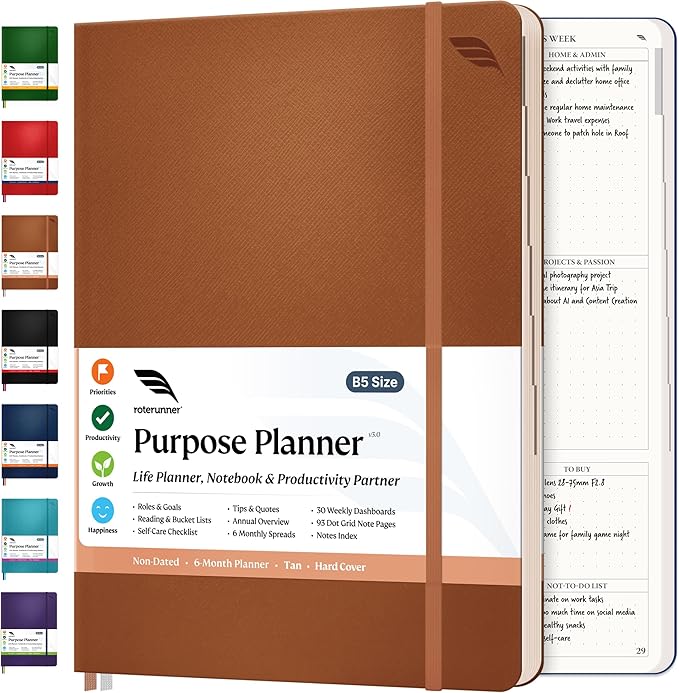 Roterunner Purpose Planner Notebook B5 7.5”x9.8” Undated 2025 Daily Weekly and Monthly Productivity Goal Setting Tool for Work Home ADHD for Adults Self Care Journal
