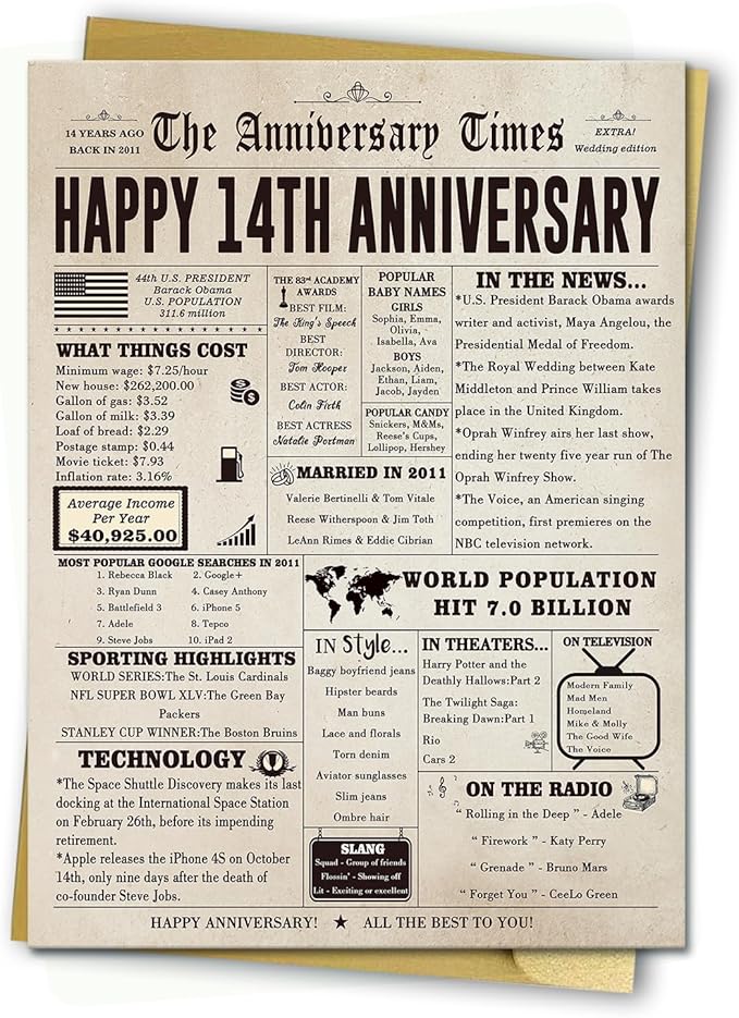 Happy 14th Anniversary Cards Gifts for Women Men, Jumbo 14th Wedding Anniversary Card Gift Ideas for Couple, Lovely 14 Year Anniversary Card for Wife Husband