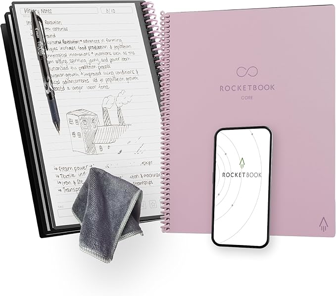 Rocketbook New Core Reusable Spiral Notebook, Letter Size 8.5x11, Pink - Lined Pages, App-Connected, Erasable, Durable Cover, Ideal for School, Work, and Creative Projects (Pack of 1)