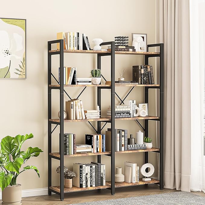 oneinmil Bookshelf 5 Tier, 58.7'' Industrial Book Shelf, Wooden Bookshelves with 10 Open Display Shelves, Vintage Storage Rack, Standing Wide Bookcase for Home and Office, Rustic Brown
