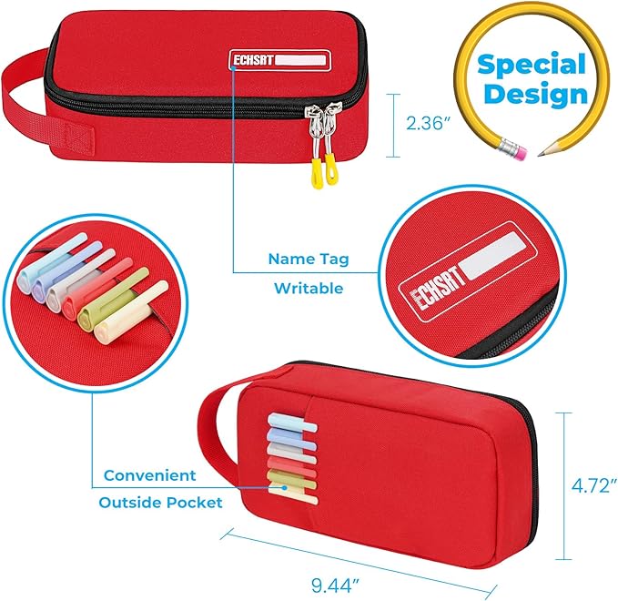 ECHSRT Big Pencil Case, Aesthetic Portable Zipper Pencil Bag with Hidden Pocket, Special Pouch for Men Women Adults, Stationery Organizer Pen Cases for Office Travel, Red