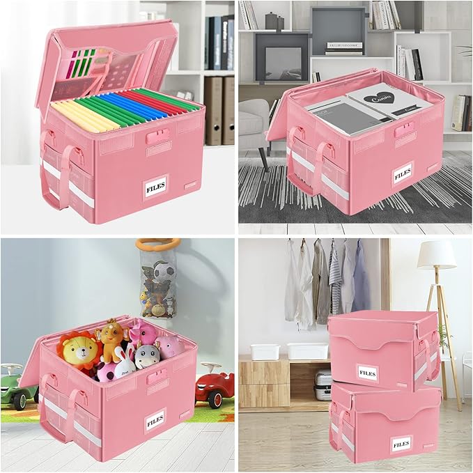 DocSafe File Box Fireproof Document Box with Lock,File Storage Organizer Box with Insert Pockets,Collapsible Portable File Box Home Office File Cabinet with Handle for Hanging Letter/Legal Folder,Pink