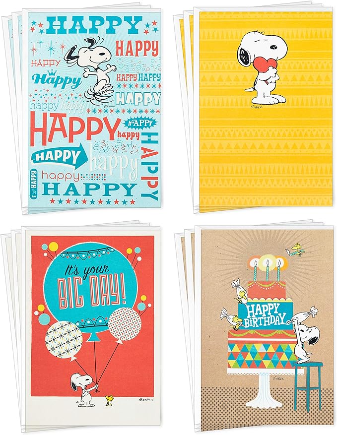 Hallmark Peanuts Birthday Cards Assortment, Snoopy Designs (12 Cards with Envelopes)