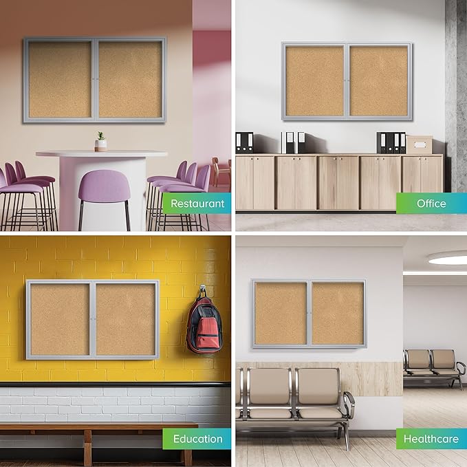Ghent 36"x60" 2-Door indoor Enclosed Bulletin Board , Shatter Resistant, with Lock, Satin Aluminum Frame - Natural Cork (PA23660K) Made in the USA