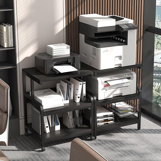 3-Tier Printer Stand with Wheels Retro Brown Printer Desk Removable and Fixed Printer Stand Rolling Cart Rack for Fax Machine, Scanner Office and Home Storage Rack