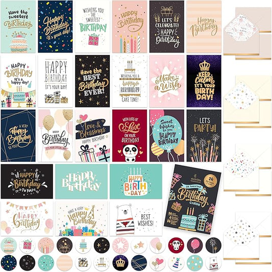 Decorably 24 Pack Foiled and Glittery Assorted 6x4in Box of Birthday Cards with Envelopes and Stickers, 24 Unique Designs Birthday Card Pack with Printed Message Inside