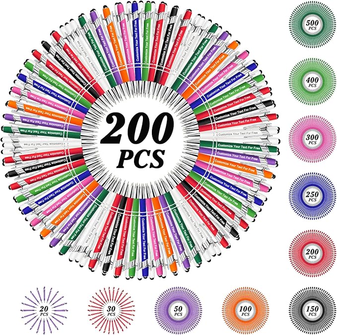 Max 500 Pcs Personalized Pens Bulk, Custom Pens with Free Engraving, Customized Stylus Tip Ballpoint Pen with Your Name Massage Text for School Office Business Graduation Anniversaries-200 Packs
