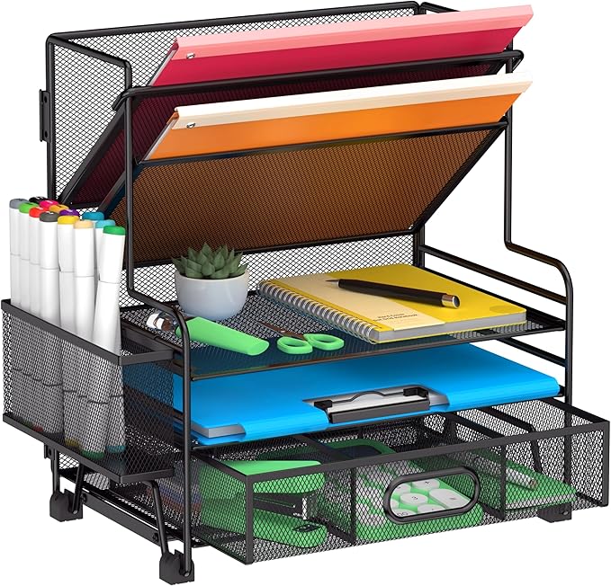 5 Tier Desk Organizer with Drawer & Pen Holders, Desk File Organizer Letter Tray Paper Organizer, Black