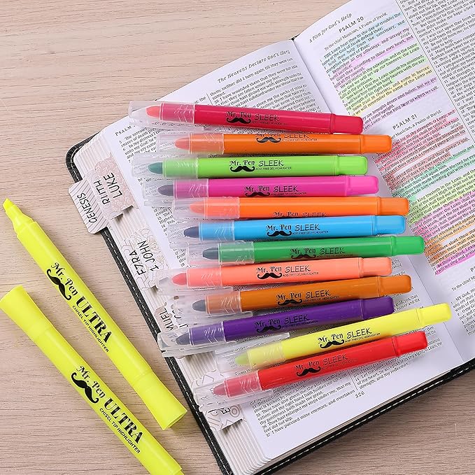 Mr. Pen- Highlighters, Fluorescent Gel Highlighter, Pack of 12, No Bleed Highlighter, Bible Highlighters, Sharpener, Highlighter Assorted Colors, Bible Study Highlighter, Bible Journaling Supplies