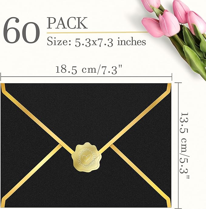60 Pack Gold Envelopes 5x7 Bluk Black, 250G Pearled Cardstock A7 Envelopes for Invitations Business Mailing Envelope with Gold Foil Border, A6 4x6 Envelopes for Wedding Baby Shower Cards