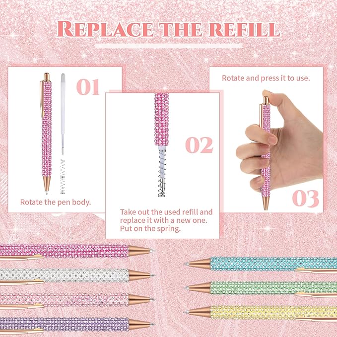 Sherr 7 Pcs Fancy Pens for Women Cute Sparkly Glitter Pens with 10 Pcs Black Ink Refills Pretty Gifts for Girls Office School Christmas Graduation(Mixed Color,Pearl)