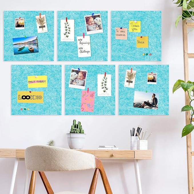 AKTOP Cork Bulletin Board 12x12, 1/2" Thick Felt Cork Board Tiles 6 Pack, Small Square Pin Board for Wall, Self Adhesive Corkboards with 60 Push Pin Wood Clips for School, Home & Office, Baby Blue