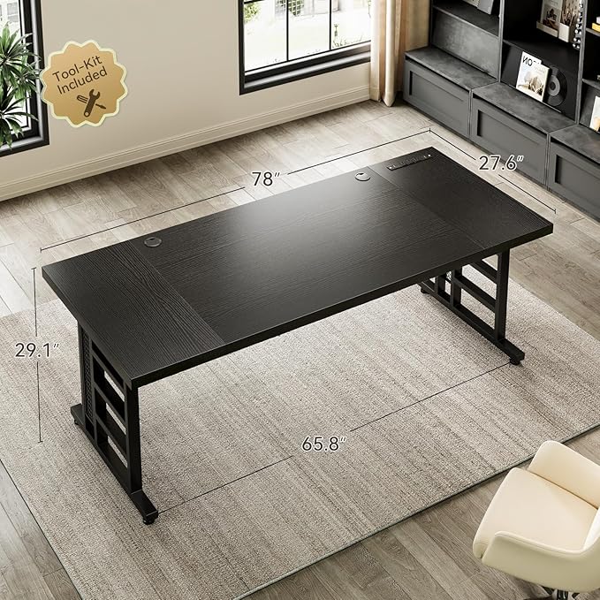 Coleshome 78 Inch Executive Desk with USB Ports, Large Computer Desk with Extra Thick, Long Mordern Office Desk, Workstation Business Furniture for Home Office, Black