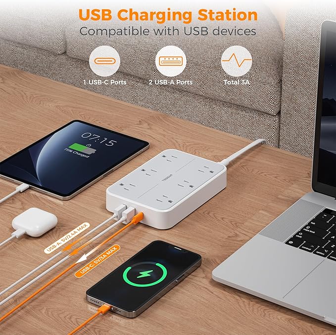 TESSAN Flat Extension Cord 10 FT with Flat Plug Power Strip, Small Extension Cord with 6 AC Outlet 1 USB C and 2 USB A, 1080J Surge Protector Power Strip, Wall Mount for Dorm Room Office Home