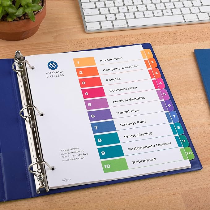 Avery 10 Tab Dividers for 3 Ring Binders, Customizable Table of Contents, Multicolor Tabs, 1 Set (11135)