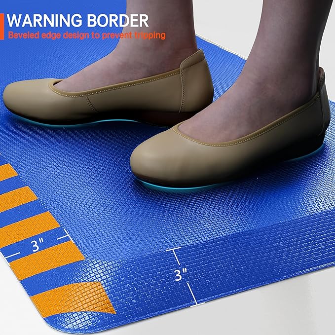 FEATOL Anti Fatigue Mat Industrial, Ergonomic Standing Floor Mat for Work for Stand, Blue with Yellow Border Safety 20" x 39"-Support for Leg & Back Pain