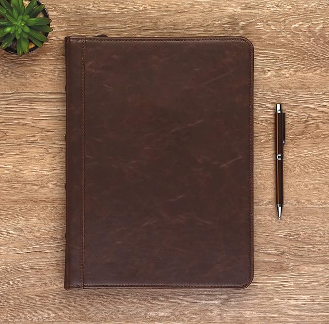 Samsill Vintage Portfolio/Zipper Faux Leather Portfolio, Book Style Hardback Design, Business & Interview Padfolio Organizer, 8.5 x 11 Writing Pad, Dark Brown