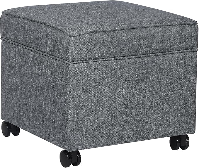 Adeco 17.5" Square Fabric Ottoman with Storage, Upholstered Cotton Linen Foot Rest, Flip Top Footstool, Small Cube Coffee Table Extra Seat for Living Room, Bedroom, Grey with Rolling Legs