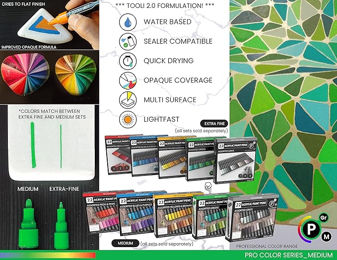 TOOLI-ART 22 Acrylic Paint Markers Paint Pens Pro Color Series Set 3mm Medium Tip for Rock Painting, Glass, Mugs, Wood, Metal, Glass Paint, Canvas, DIY. Non Toxic, Waterbased, Quick Drying (GREENS)