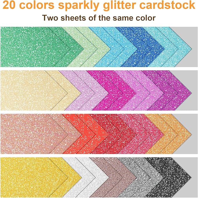 40 Sheets 20 Colors Glitter Cardstock, BetyBedy Cricut Paper Cardstock, No-Shed Sparkly Glitter, A5 Glitter Paper for Arts and Crafts - Card Making, Scrapbooking, DIY Projects