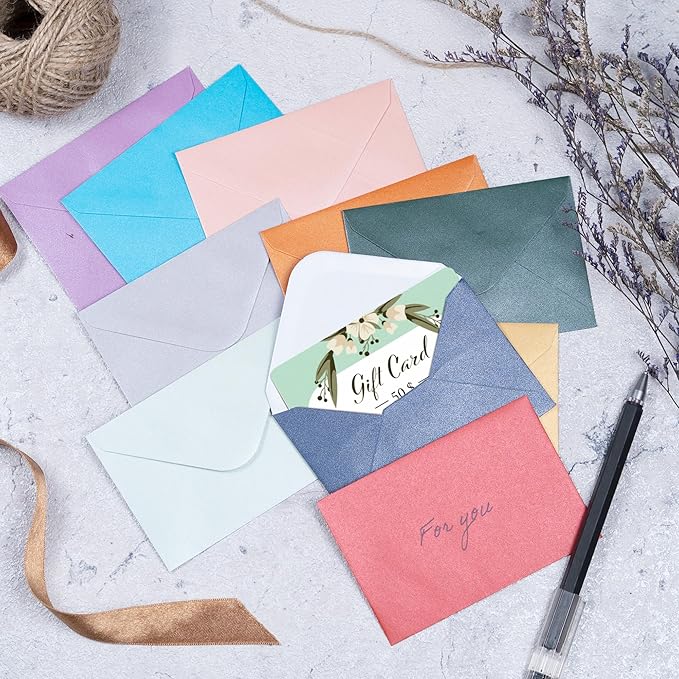 Gift Card Envelopes - 100-Count Mini Envelopes, Paper Business Card Envelopes, Bulk Tiny Envelope Pockets, 10 Metallic Colors, 4 x 2.7 Inches