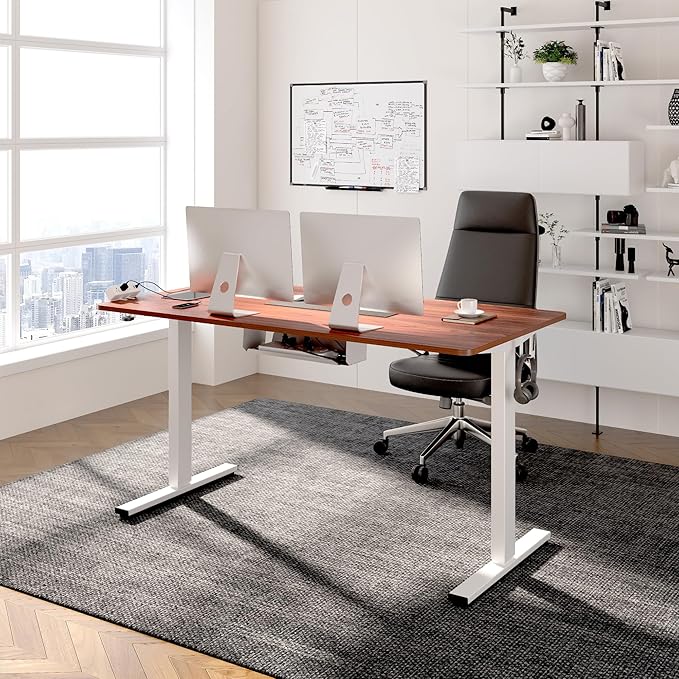 FLEXISPOT EN2 Whole-Piece Standing Desk with Clamp Power Strip, 48 x 30 Electric Stand Up Height Adjustable Desk with Cable Management (White Frame + 48" Mahogany Top, 2 Packages)