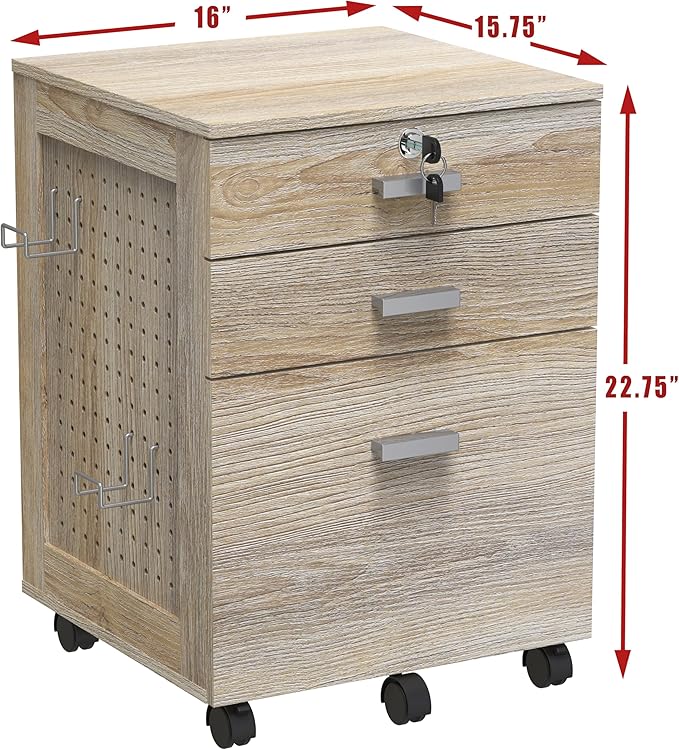 SHW Box Box File Rolling Mobile Cabinet with Side Pegboard and One Lockable Drawer, Maple
