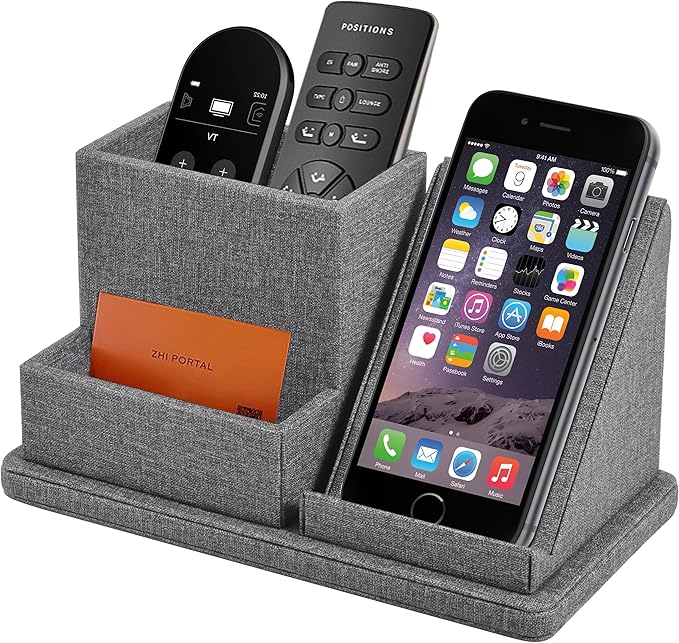 Multi-Function Pen/Pencil Holder-Linen Leathe Excellent Cell Phone Touch Screen Solution Holde-Business Card Holder/Sticky Note Tray,Desk Organizer for Office Supplies,Desktop Caddy,Grey