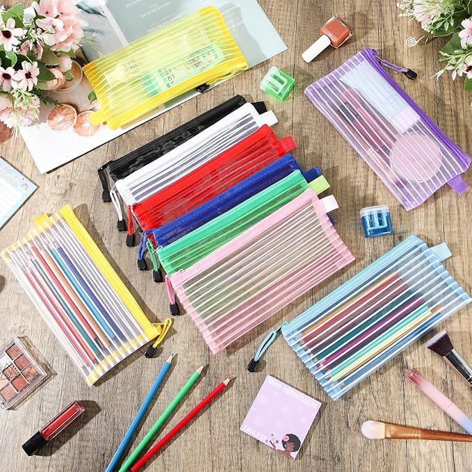 Zhehao 200 Pieces A6 Mesh Zipper Pouch Bulk Mesh Bags with Zipper Waterproof Small Pencil Pouches for School Office Supplies Organization 9.4 x 4.5 Inches (Bright Colors)