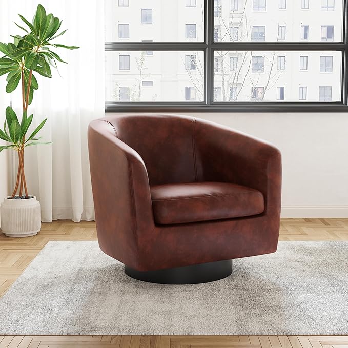 UIXE Faux Leather Swivel Accent Chairs Set of 2, Modern Upholstered Barrel Chairs for Living Room, Comfy Round Armchair Single Sofa Bedroom Reading Seat - 31" W, Red Brown