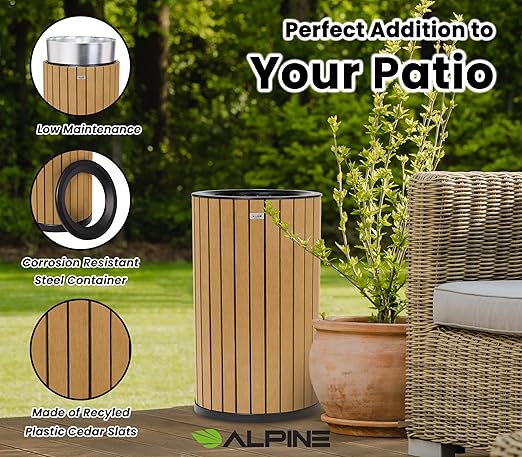 Alpine 32 Gallon Commercial Outdoor Trash Can - Heavy Duty Garbage Can Outdoor, Industrial Open Top Trash Can with Plastic Panels for Patio, Parks, Trails, Resorts (Flat Lid - Cedar)
