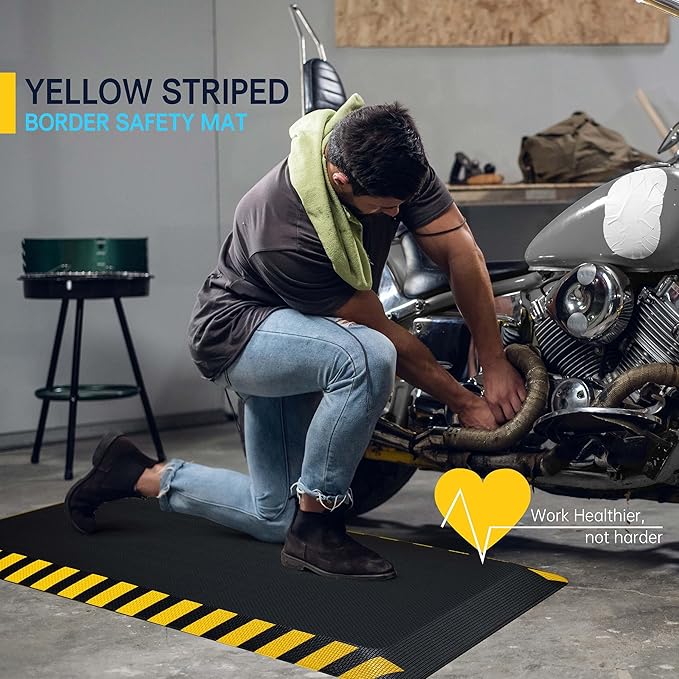 FEATOL Anti Fatigue Mats Industrial 8 Packs, Ergonomic Standing Floor Mat for Work for Stand, Black with Yellow Border Safety 20" x 39"-Support for Leg & Back Pain