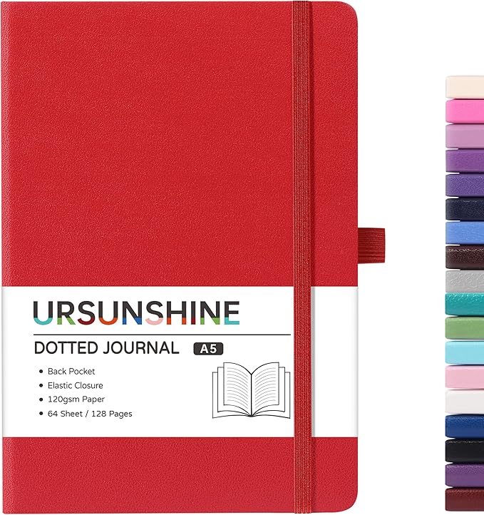 Dotted Journal/Notebook - Dot Grid Hard Cover Notebook, Premium Thick Paper with Fine Inner Pocket, Black Smooth Faux Leather, Pen Loop, 5.3'' x 8.26'' - Red