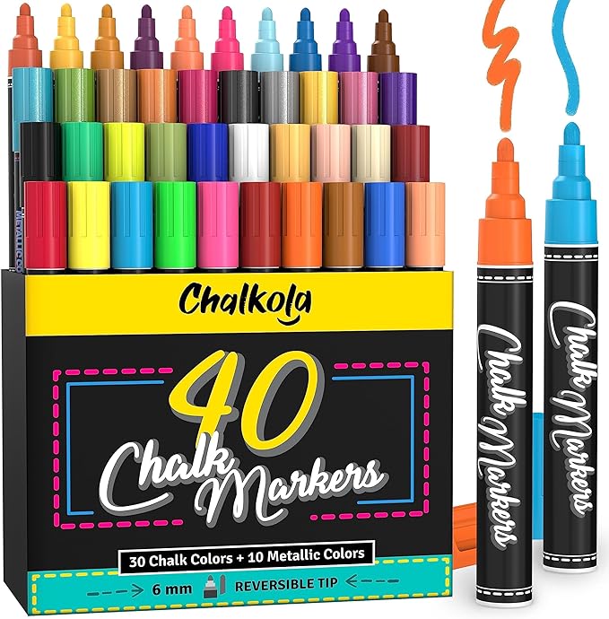 Chalkola Chalk Markers - Pack of 40 (Neon, Pastel & Metallic) Liquid Chalk Pens - For Chalkboard, Blackboard, Window, Labels, Bistro, Glass, Car, Board - Wet Wipe Erasable Ink - 6mm Reversible Tip