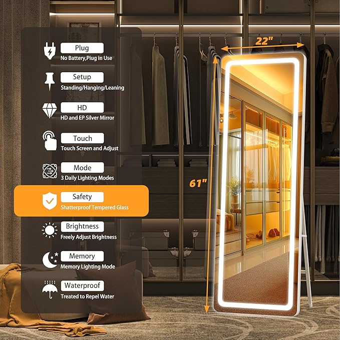Hasipu Full Length Mirror with Lights, 61" x 22" LED Floor Mirror, Full Body Dressing Standing, Hanging Mounted Mirror for Living Room Bedroom Cloakroom, Round White