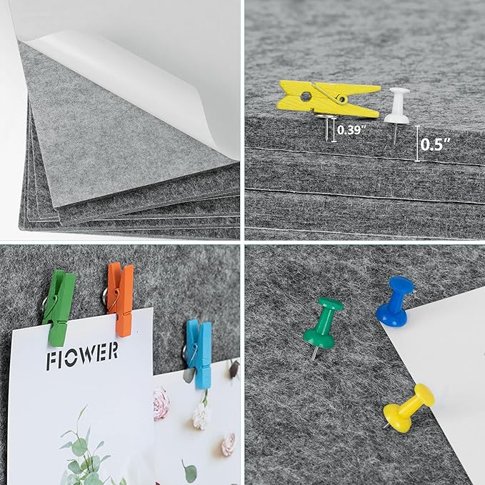 AKTOP Cork Bulletin Board 12x12, 1/2" Thick Felt Cork Board Tiles 6 Pack, Small Square Pin Board for Wall, Self Adhesive Corkboards with 60 Push Pin Wood Clips for School, Home & Office, Grey
