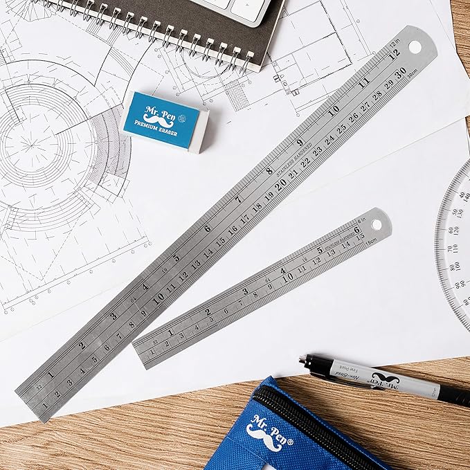 Mr. Pen- Steel Rulers, 2 Pack, 6" and 12", Gold, 6 Inch Ruler Metal Rulers, Small Metal Ruler 6 Inch Metal Ruler Thin Flat, Stainless Steel Ruler 12 Inch, Centimeter Ruler, Steel Ruler 12 Inch