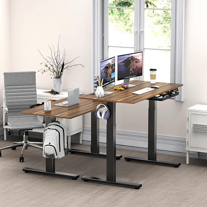 SHW 48-Inch Electric Height Adjustable Standing Desk with Drawer, Memory Preset and Cable Management Tray, Walnut