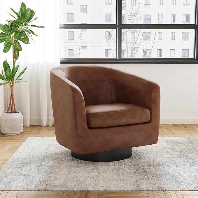 UIXE Faux Leather Swivel Accent Chair with Wood Base, Modern Upholstered Barrel Chairs for Living Room, Comfy Round Armchair Single Sofa Bedroom Reading Seat - 31" W, Coffee