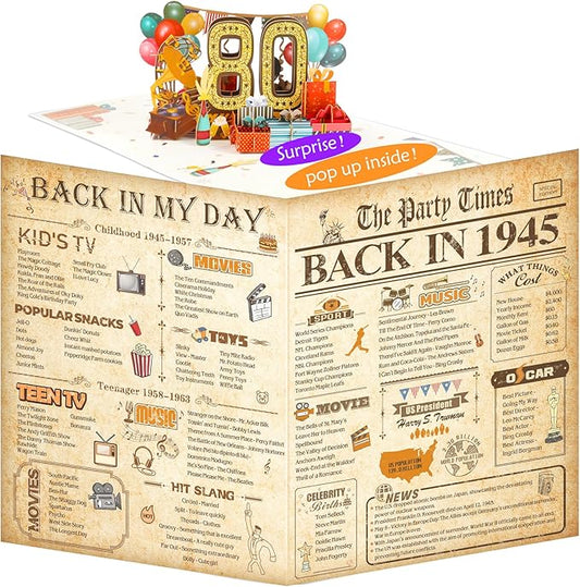 80th Birthday Card for Men Women, Funny 3D Pop Up 80th Birthday Gifts for Grandma Mom Dad, Back In 1945 Happy 80 Year Old Birthday Decorations Cards for Her Him, Classy Vintage